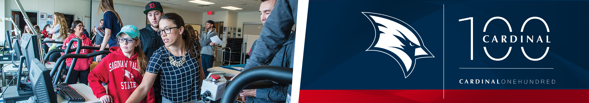 Cardinal 100 Fund banner with photo of students around a computer working on a project
